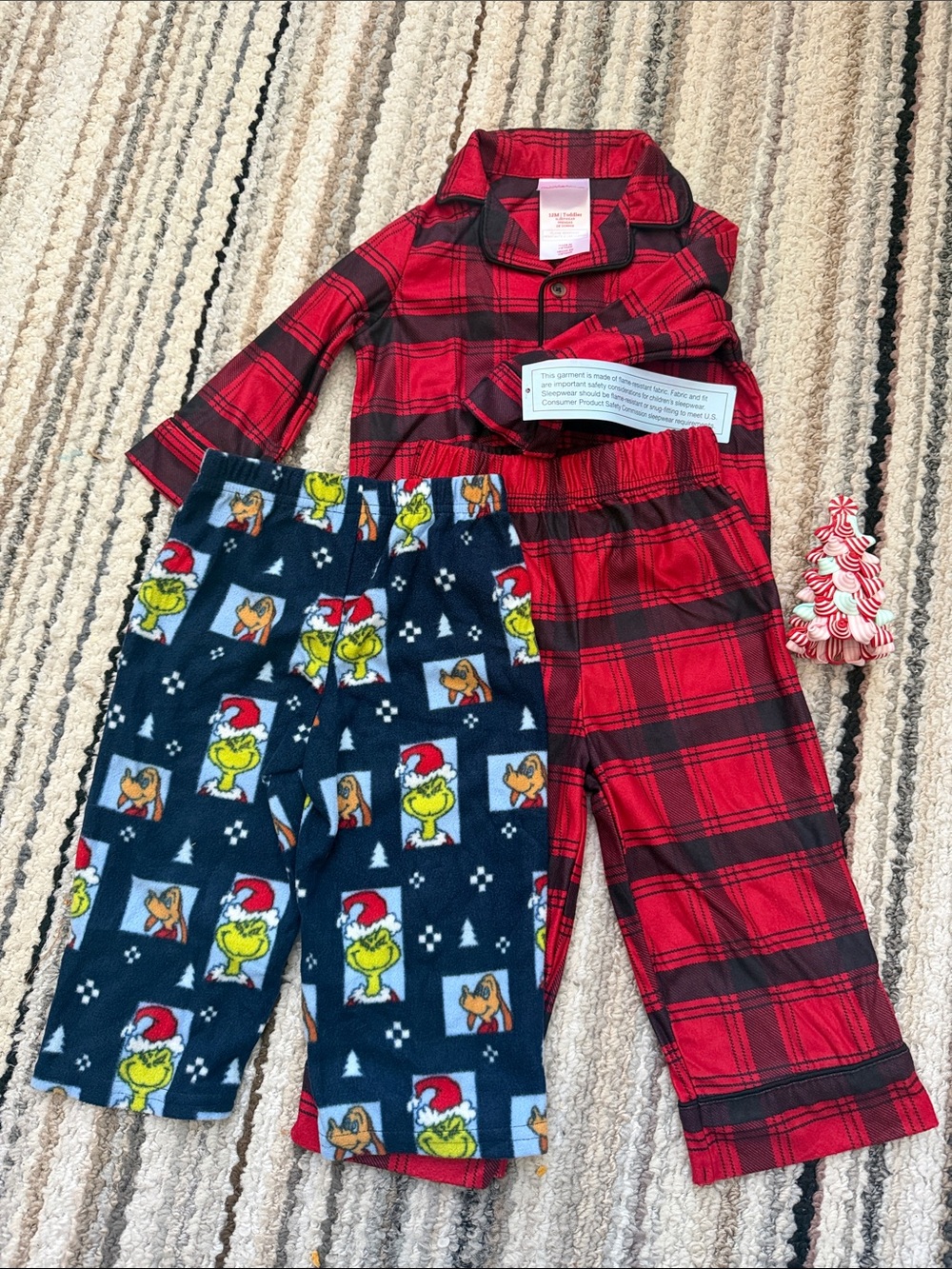 Red Plaid Kids Pajama Set with Navy Grinch Print Pants